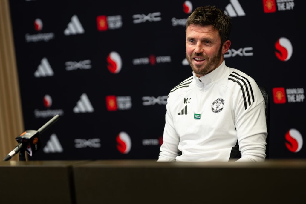 Head Coach Michael Carrick speaks during a Manchester United press conference at the Carrington training complex in 2026 in Manchester, England.
