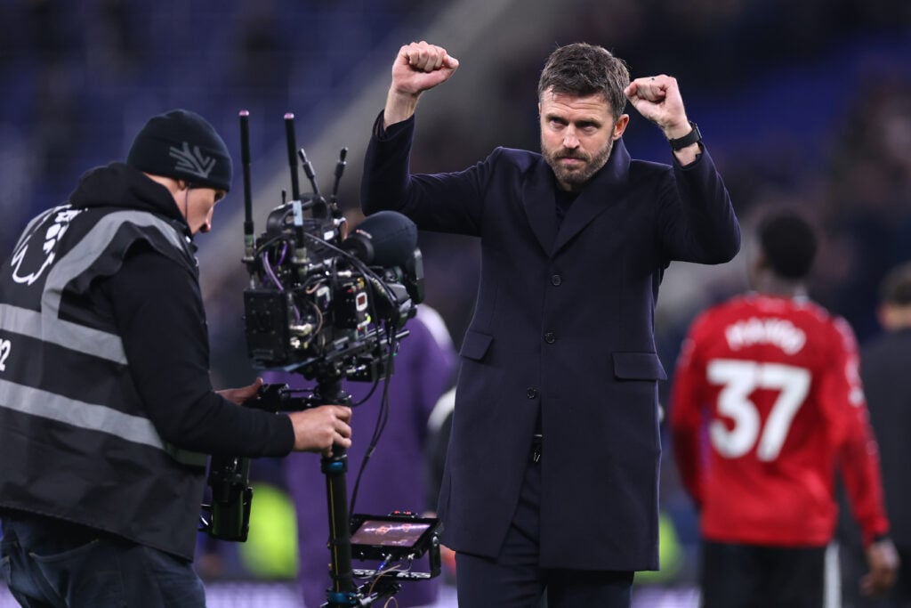 Manchester United head coach / manager Michael Carrick celebrates at full time during the Premier League match between Everton and Manchester United at Hill Dickinson Stadium on February 23, 2026