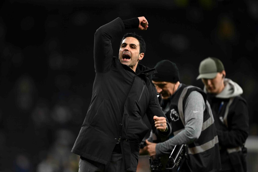 LONDON, ENGLAND - FEBRUARY 22: Mikel Arteta, Manager of Arsenal, celebrates following the team's victory in the Premier League match between Tottenham Hotspur and Arsenal at Tottenham Hotspur Stadium on February 22, 2026 in London, England. (Photo by Mike Hewitt/Getty Images)
