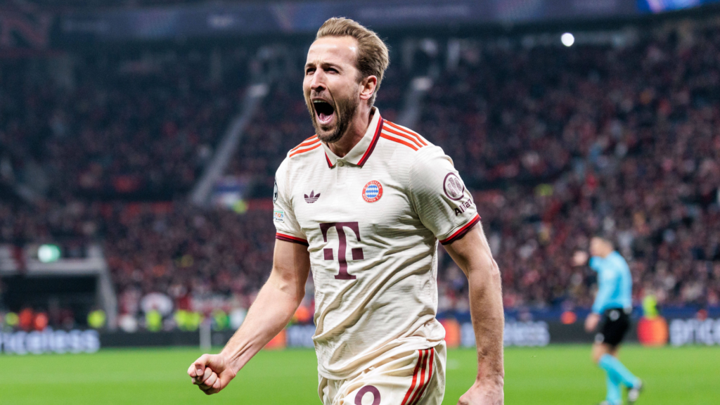Harry Kane celebrating a goal for Bayern Munich