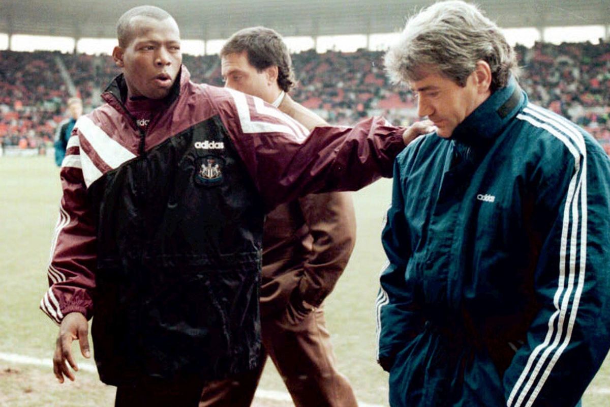 Tino Asprilla - with manager with Kevin Keegan - making his debut for Newcastle United at  Middlesbrough's Riverside Stadium, February 10, 1996