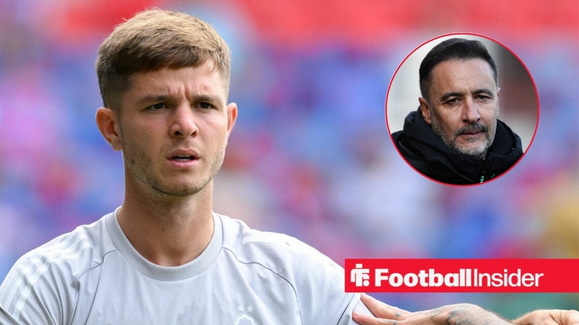 James McAtee of Nottingham Forest warms up ahead of kick-off during the Premier League match between Crystal Palace and Nottingham Forest at Selhur...