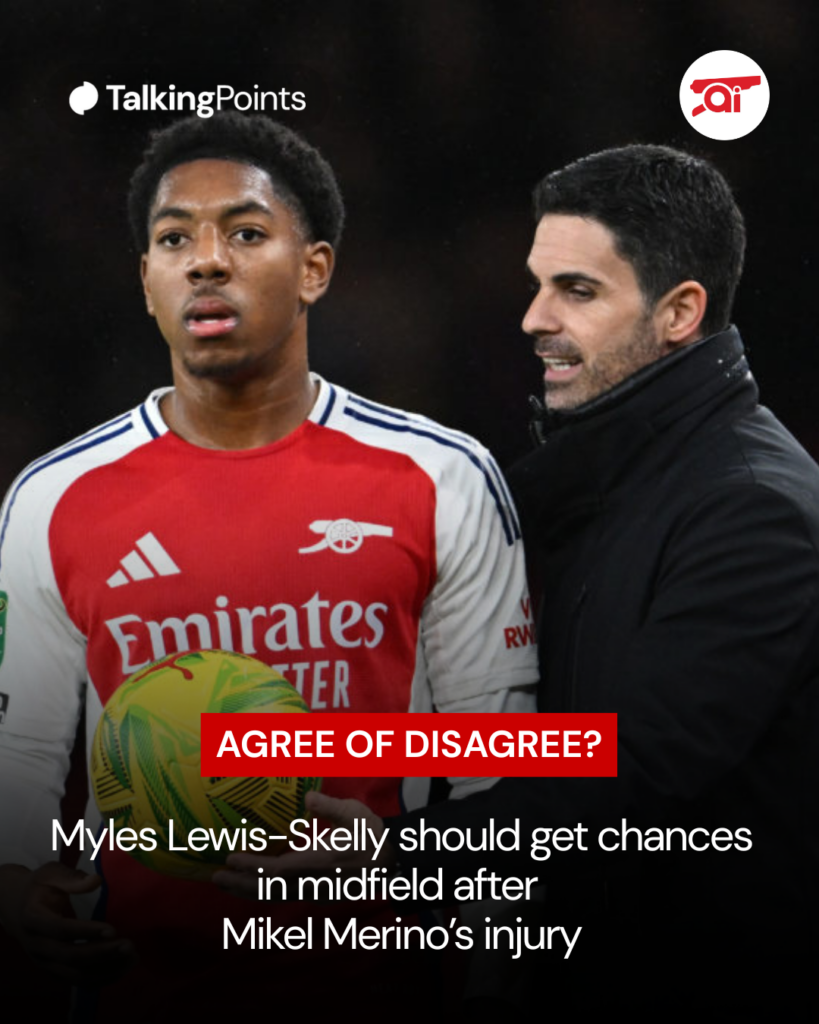 Image of Mikel Arteta and Myles Lewis-SKelly, overlaid a text saying the latter should get chances in midfield