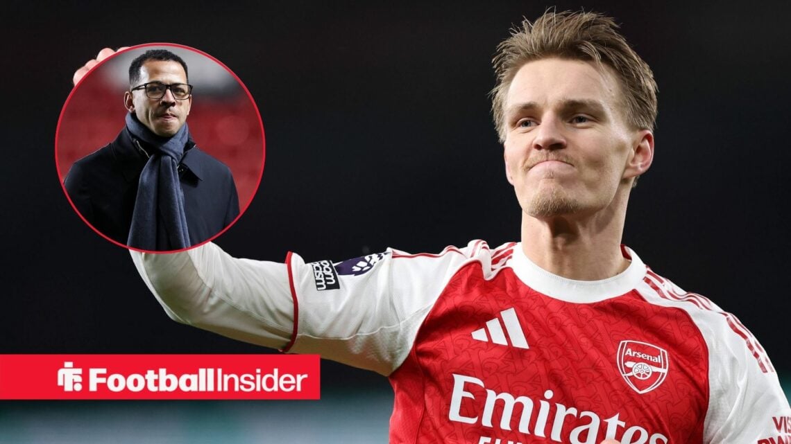 Martin Odegaard of Arsenal celebrates during the Arsenal vs Aston Villa Premier League match at the Emirates Stadium, London / Liam Rosenior manage...