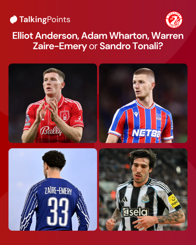 Elliot Anderson applauds after Nottingham Forest's Premier League match against Manchester United at the City Ground (Credit: Getty Images/Molly Darlington).
Adam Wharton pictured playing for Crystal Palace in the UEFA Conference League match against Fredrikstad at Selhurst Park (Credit: Getty Images/Jacques Feeney/Offside).
Warren Zaire-Emery looks on during the UEFA Champions League match between PSG and VfB Stuttgart at Stuttgart Arena (Credit: Getty Images/Aurelien Meunier/PSG).
Sandro Tonali pictured in action during Newcastle United's Carabao Cup semi-final first-leg against Manchester City at St James' Park (Credit: Getty Images/Scott Llewellyn/MI News/NurPhoto).