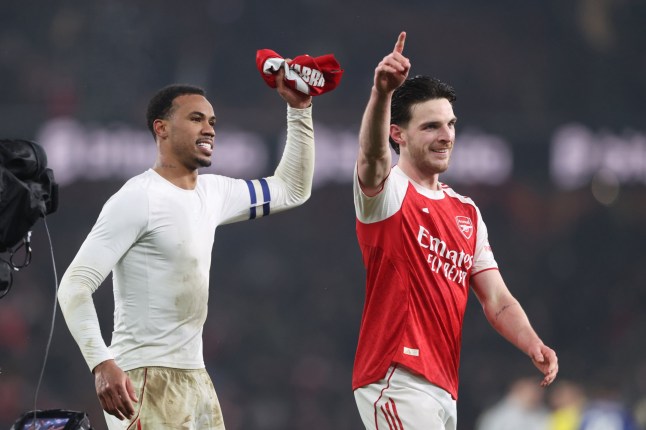 LONDON, ENGLAND - FEBRUARY 03: Declan Rice and Gabriel Magalhaes of Arsenal celebrate after the Carabao Cup Semi Final Second Leg match between Arsenal and Chelsea at Emirates Stadium on February 03, 2026 in London, England. (Photo by Catherine Ivill - AMA/Getty Images)