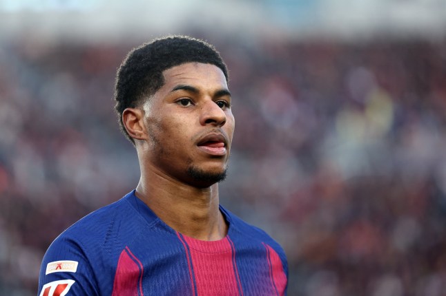 Barcelona's English forward #14 Marcus Rashford is pictured during the Spanish league football match between FC Barcelona and RCD Mallorca at Camp Nou Stadium in Barcelona on February 7, 2026. (Photo by Josep LAGO / AFP via Getty Images)