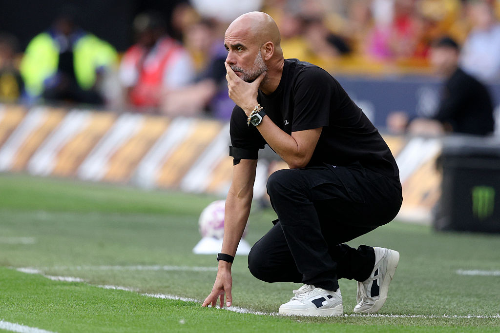 Pep Guardiola, Manager of Manchester City on the side line during the Premier League match between Wolverhampton Wanderers and Manchester City at Molineux on August 16, 2025 in Wolverhampton, England.
