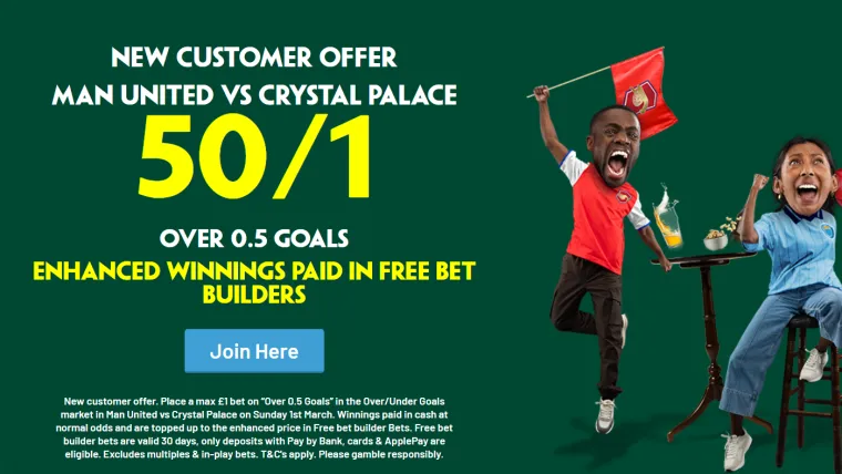 Paddy Power Man United vs. Crystal Palace Offer: 50/1 Odds for a Goal to be Scored image