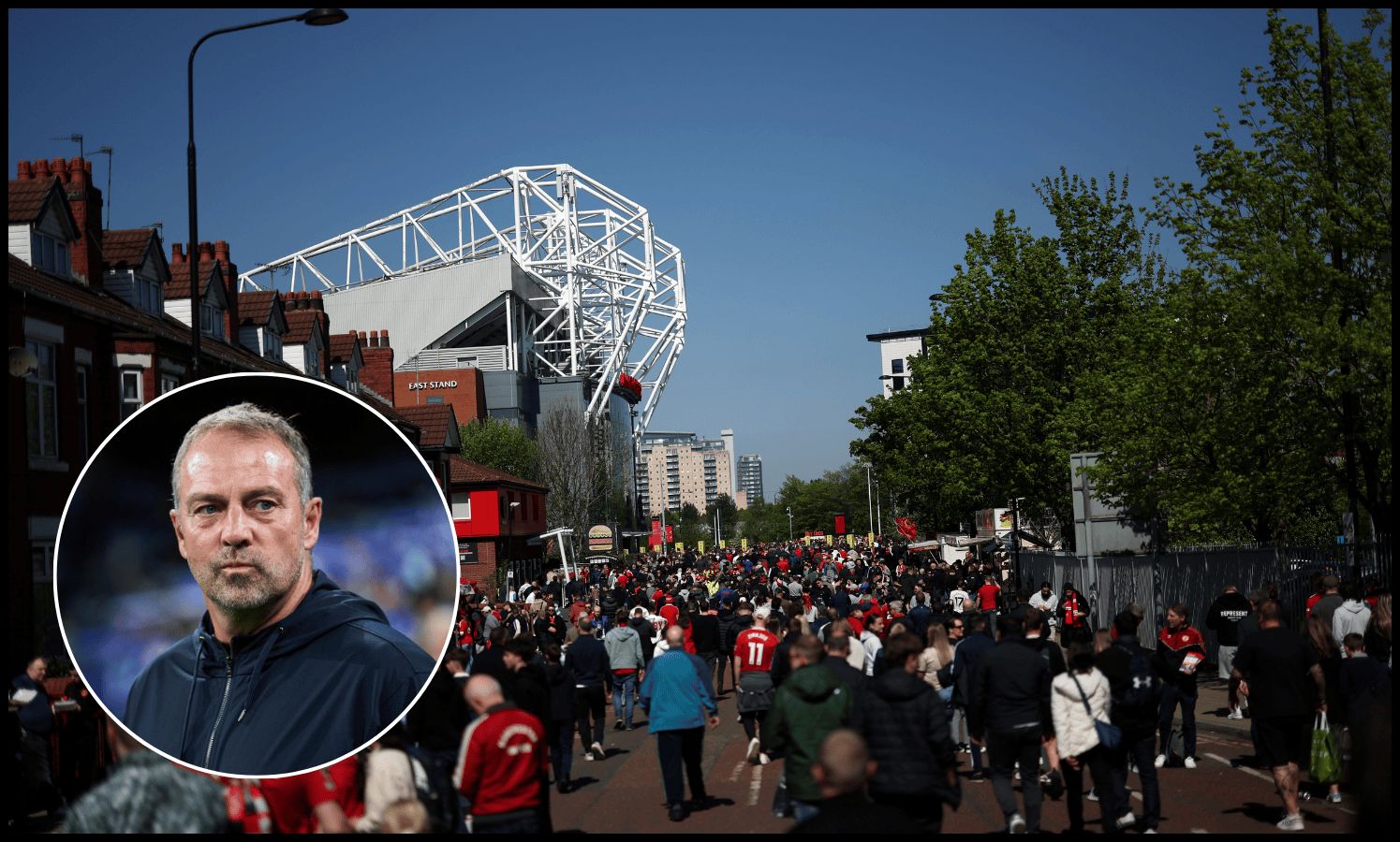 MANCHESTER, ENGLAND - APRIL 20: A general view as fans make their way to the stadium along Sir Matt Busby Way prior to the Premier League match between Manchester United FC and Wolverhampton Wanderers FC at Old Trafford on April 20, 2025 in Manchester, England. (Photo by Carl Recine/Getty Images)