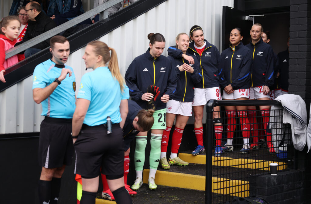 BOREHAMWOOD, ENGLAND - JANUARY 18: Beth Mead of Arsenal and Mariona Caldentey of Arsenal react during the Adobe Women's FA Cup Fourth Round match between Arsenal and Aston Villa at Mangata Pay UK Stadium on January 18, 2026 in Borehamwood, England. (Photo by Ryan Pierse/Getty Images)
