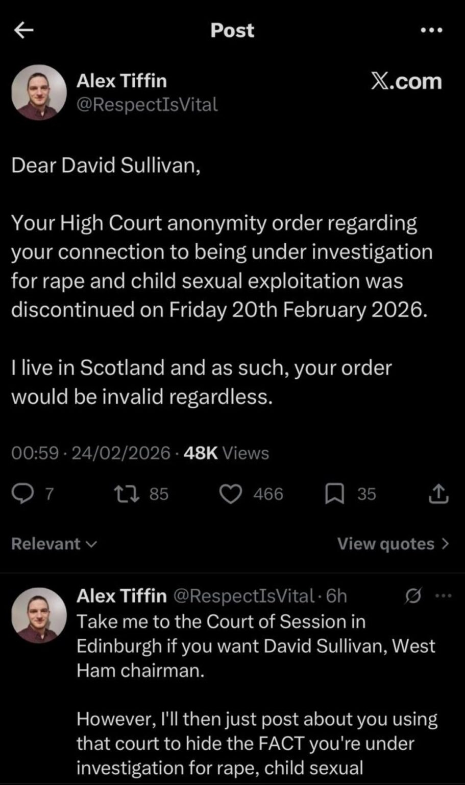 Sullivan allegedly under investigation for rape and child sexual exploitation