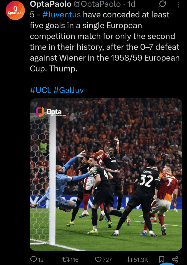 [OptaPaolo] 5 - Juventus have conceded at least five goals in a single European competition match for only the second time in their history, after the 0–7 defeat against Wiener in the 1958/59 European Cup. Thump.