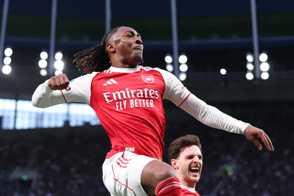 Eberechi Eze celebrates scoring for Arsenal against Tottenham Hotspur