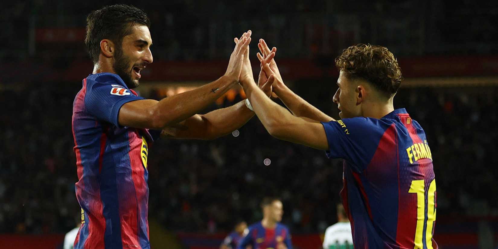  FC Barcelona's Ferran Torres celebrates scoring their second goal with Fermin Lopez