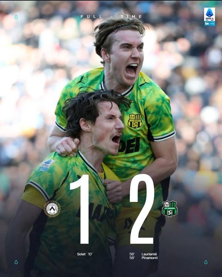 FT: Udinese 1:2 Sassuolo