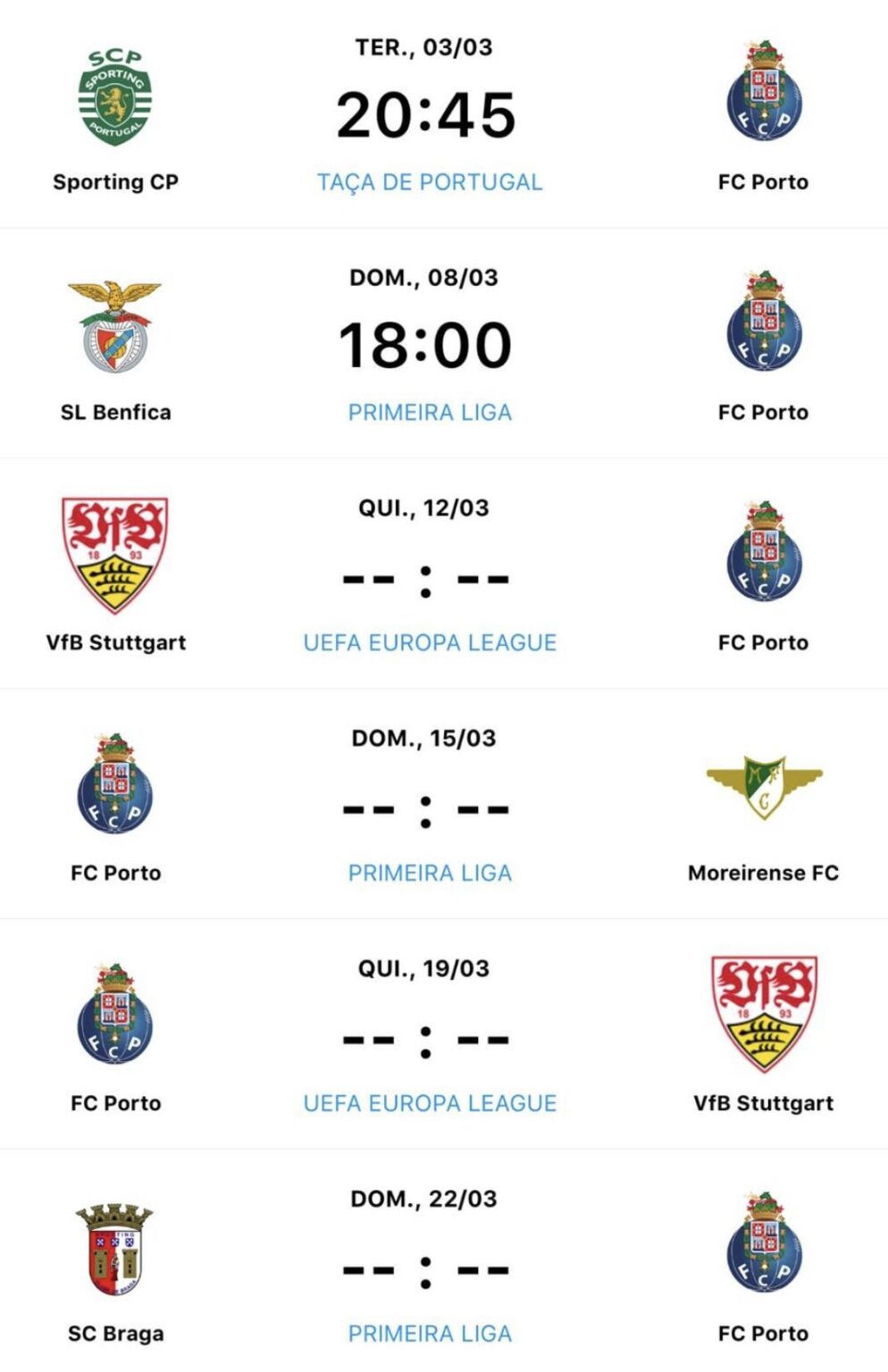 Calendário de Março do Porto