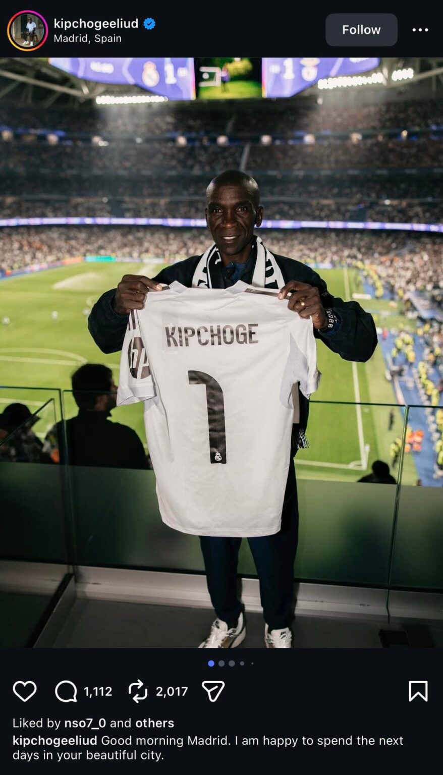 Eliud Kipchoge was at Bernabeu to watch Madrid vs Benfica
