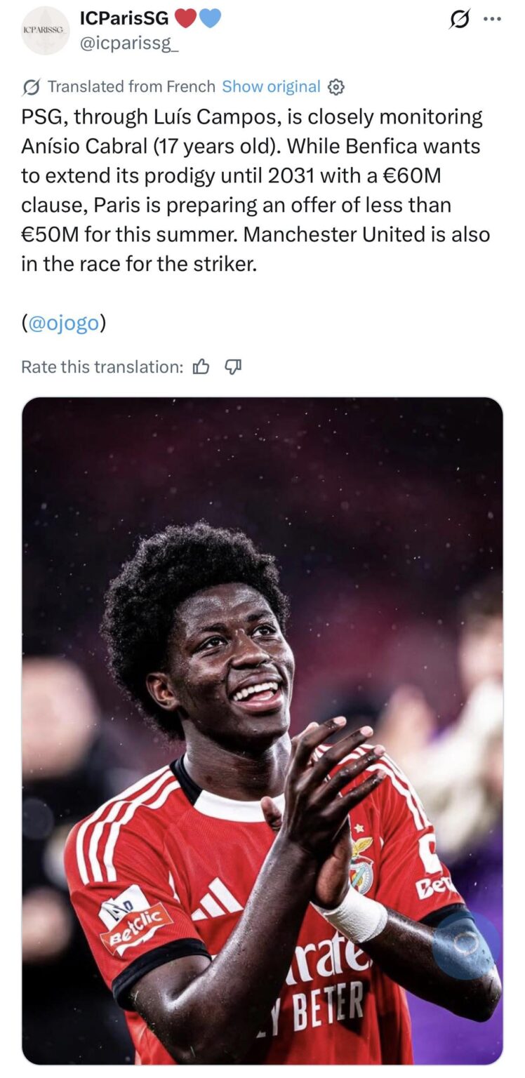 PSG, through Luís Campos, is closely monitoring Anísio Cabral (17 years old). While Benfica wants to extend its prodigy until 2031 with a €60M clause, Paris is preparing an offer of less than €50M for this summer. Manchester United is also in the race for the striker.