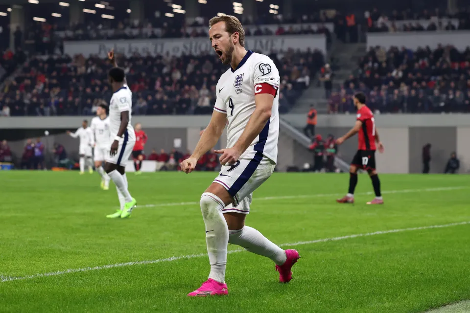 Harry Kane celebrates his goal against Albania