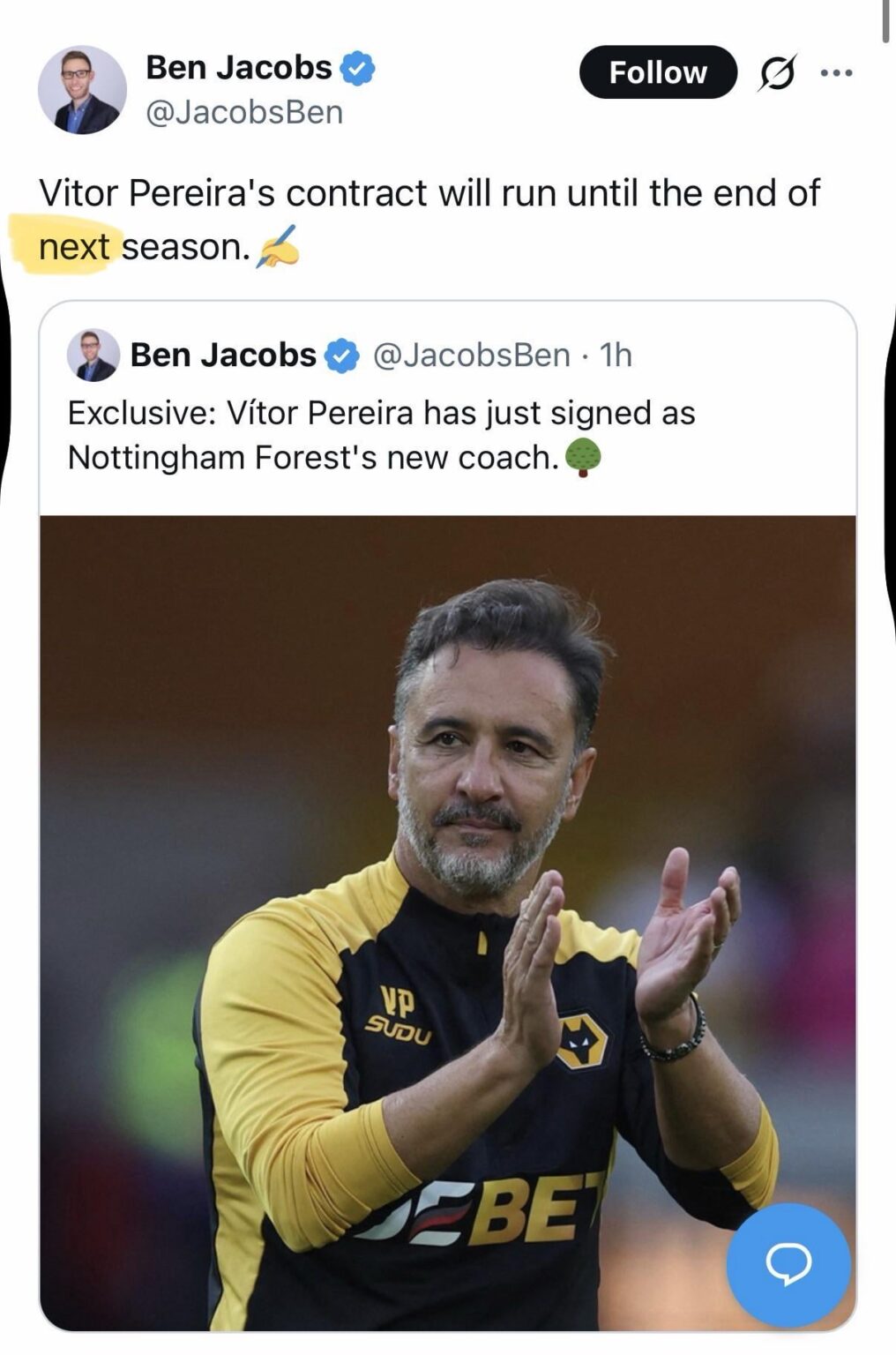 “Vitor Pereira's contract will run until the end of next season.”