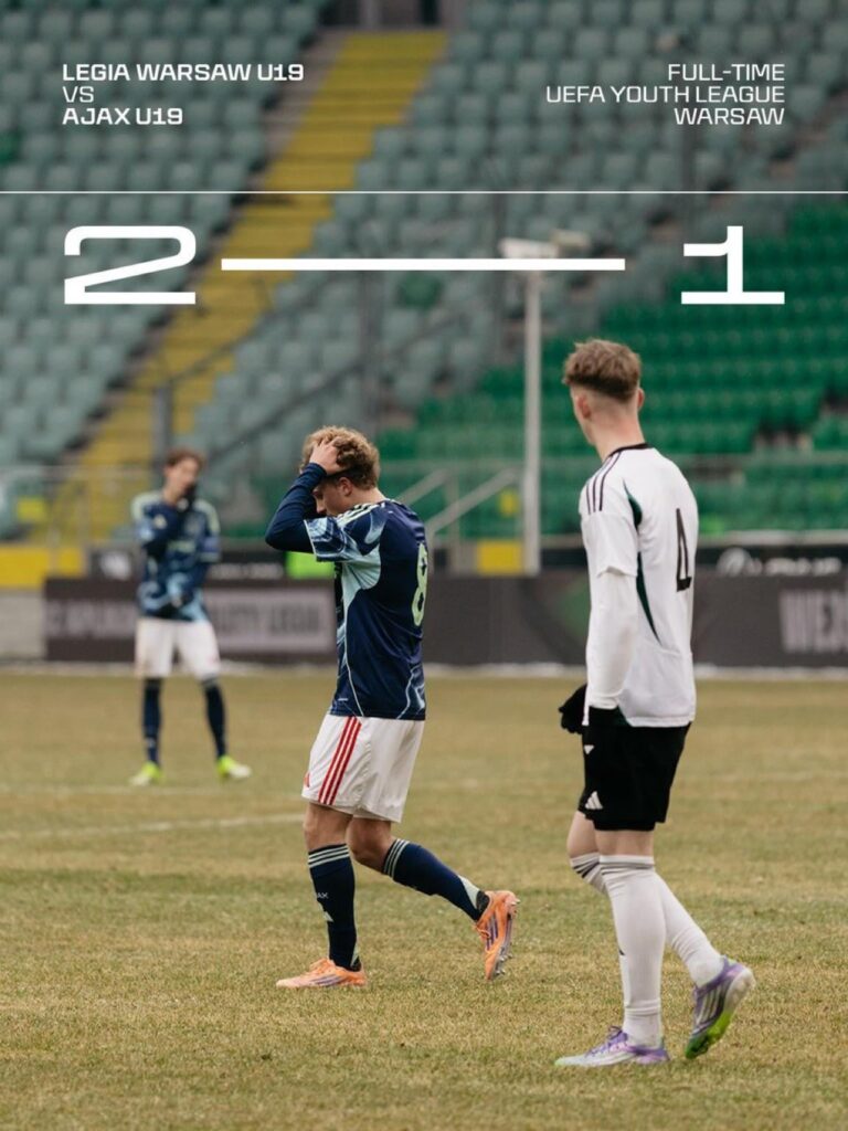 Ajax U19 are knocked out of the UEFA Youth League after a 2-1 defeat to Legia Warsaw