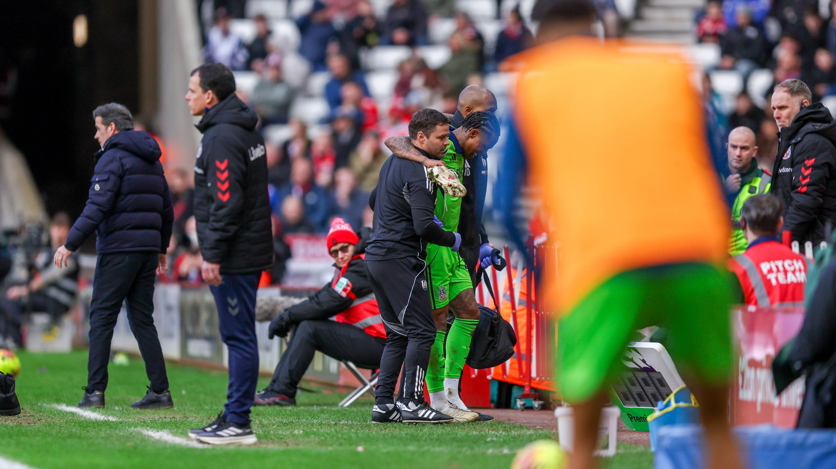 Fulham midfielder Kevin 22 gets injured and has to be substituted during the Premier League match between Sunderland and Fulham at the Stadium Of Light