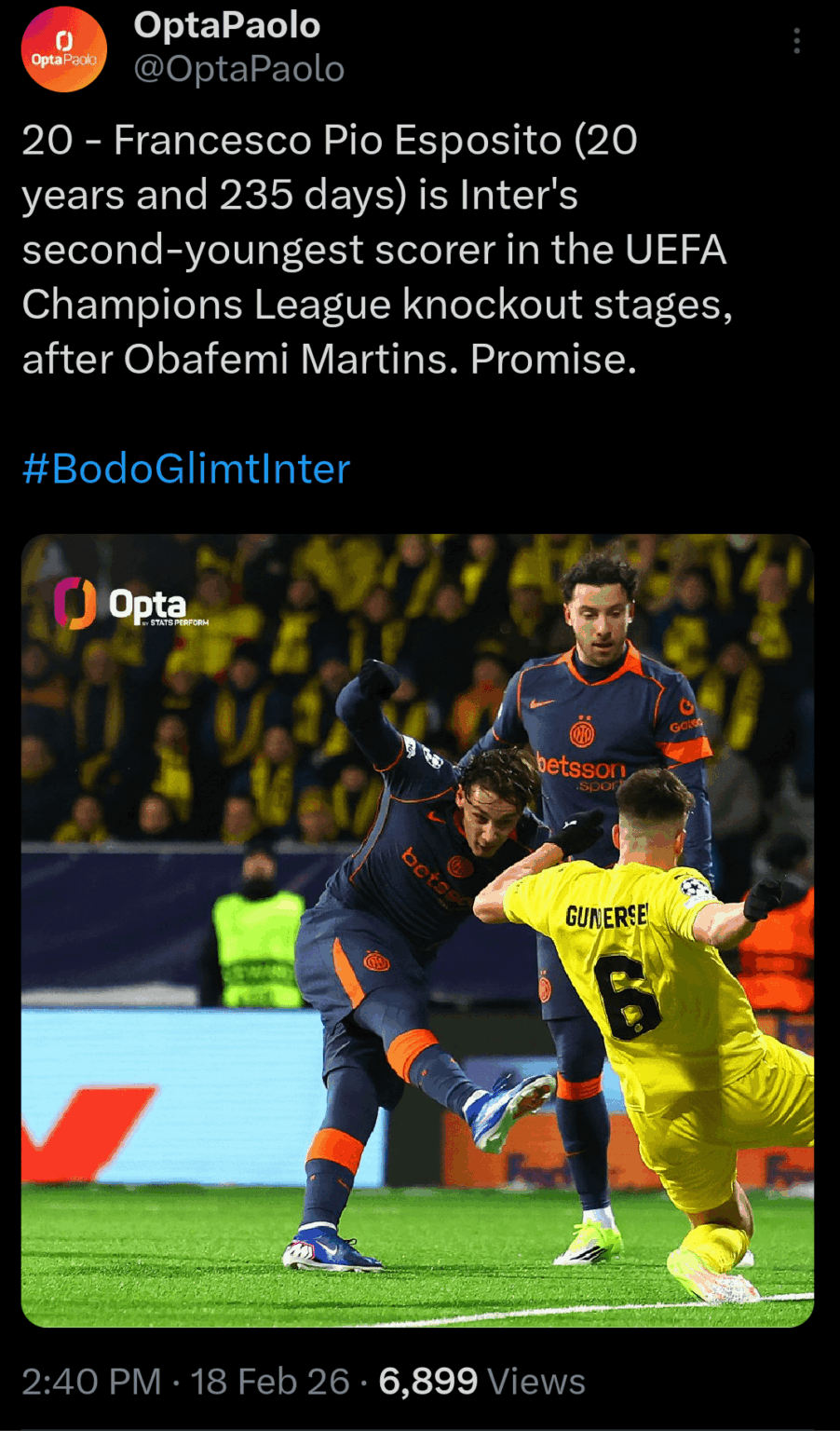 [OptaPaolo] 20 - Francesco Pio Esposito (20 years and 235 days) is Inter's second-youngest scorer in the UEFA Champions League knockout stages, after Obafemi Martins. Promise.