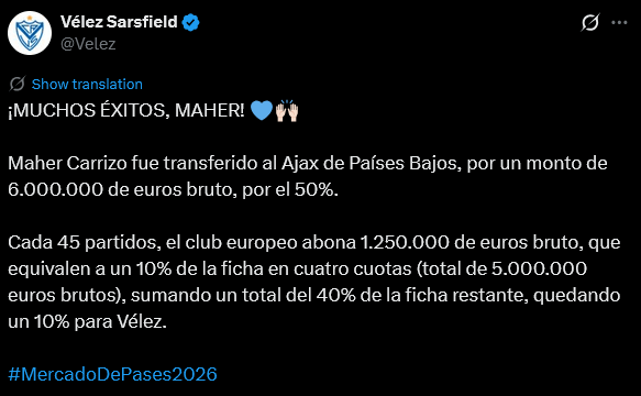 Vélez Sarsfield release details of Maher transfer: Ajax paid €6M for 50% of the rights. Every 45 matches, Ajax pays €1.25M , which equals 10% of the transfer fee in 4 installments (total of €5M), adding up to a total of 40% of the remaining transfer fee, leaving 10% for Vélez.