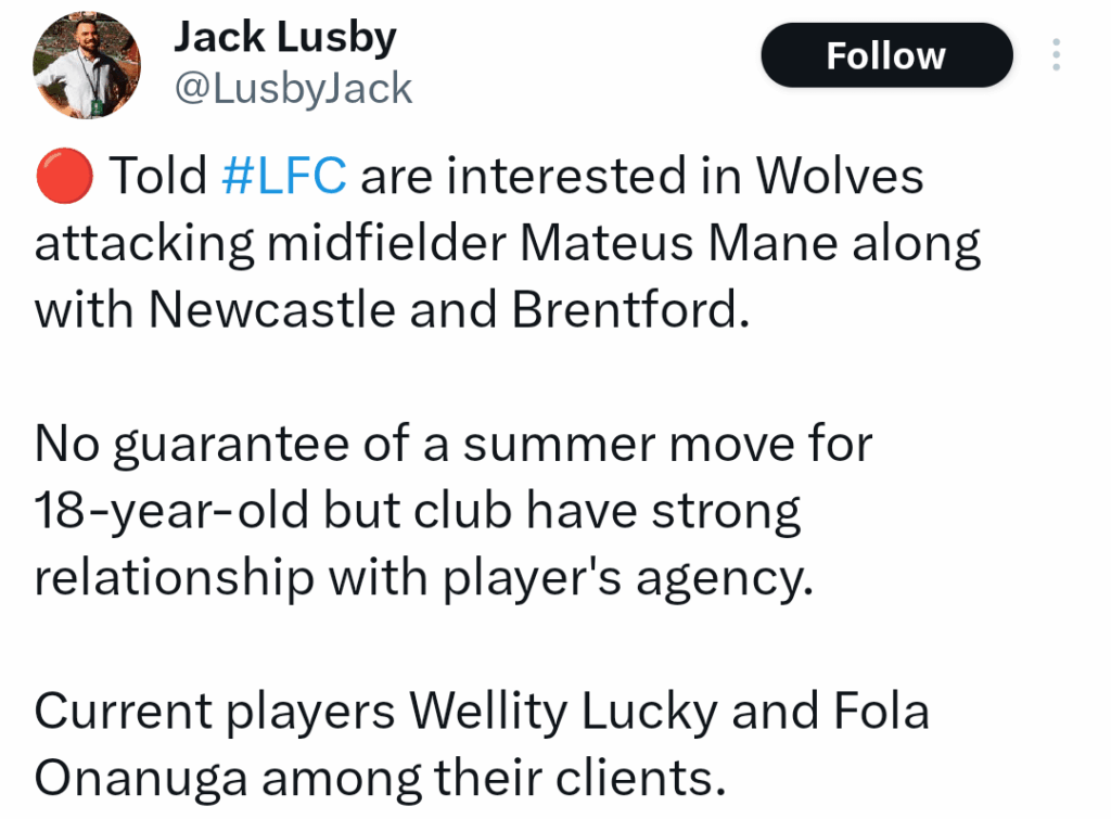 [Lusby] Liverpool interested in Wolves midfielder Mateus Mane