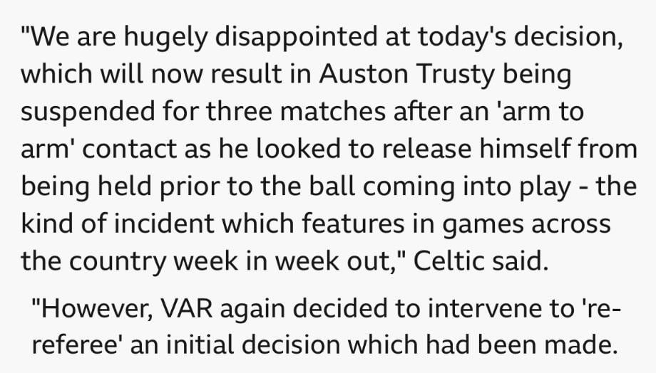Celtic description of their player idiotically losing his cool and punching an opposition player: “Arm to arm contact.” Then, just to add to the hilarity, they actually accurately describe exactly what VAR is intended for as part of a so-called complaint. Hahahaha