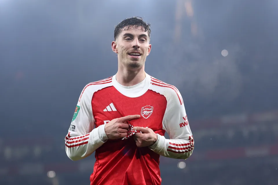 Kai Havertz celebrates scoring against Chelsea in the Carabao Cup semi-finals