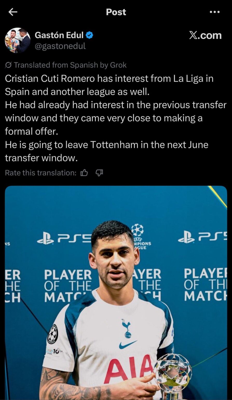 [@Gastonedul] Cristian Romero to leave Tottenham in the summer.