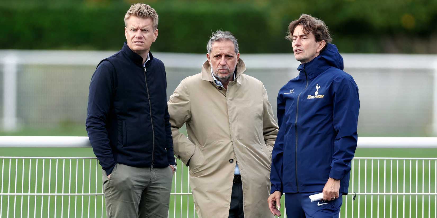 Johan Lange with Fabio Paratici and Thomas Frank at Tottenham training