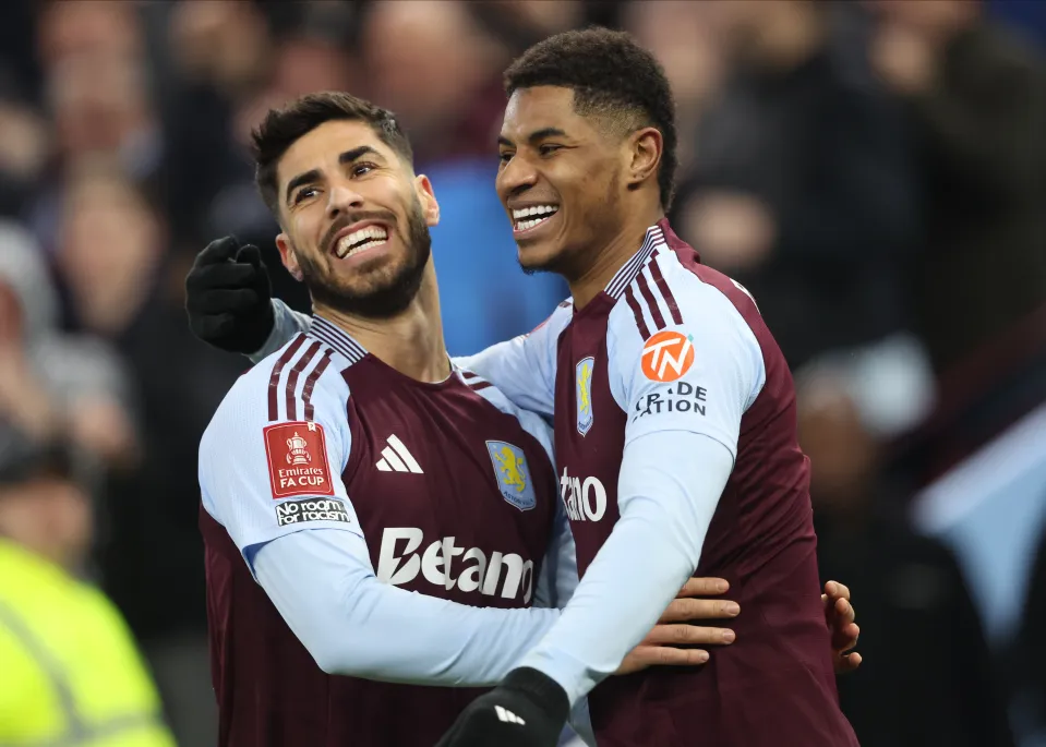 Marco Asensio of Aston Villa and Marcus Rashford of Aston Villa celebrate