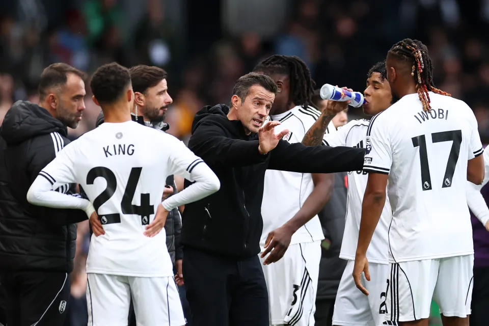 Marco Silva, Manager of Fulham speaks with Alex Iwobi and Josh King on the touchline during a break in play during a Premier League match