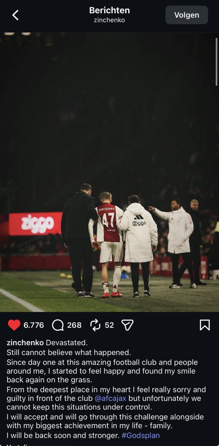Zinchenko on IG: “Still cannot believe what happened. Since day one at this amazing football club and people around me, I started to feel happy and found my smile back again on the grass. From the deepest place in my heart I feel really sorry and guilty in front of the club”
