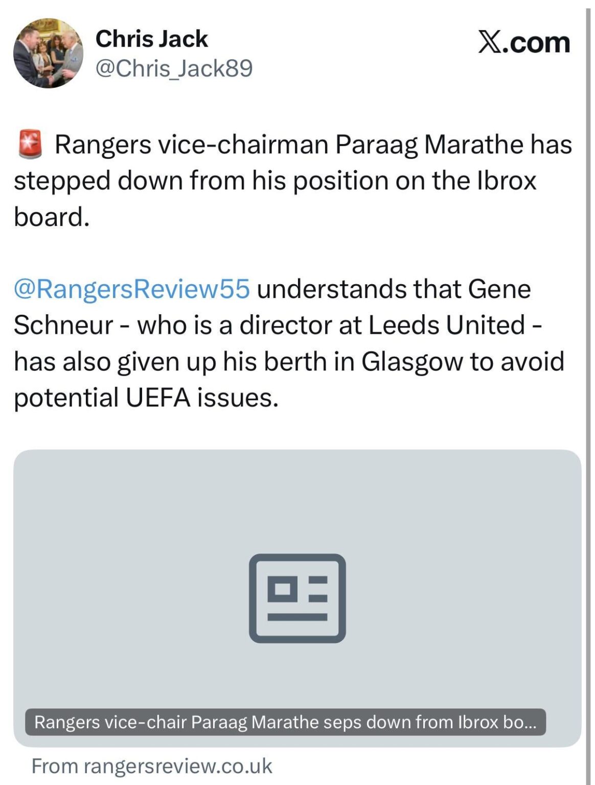 [Chris Jack] Rangers vice-chairman Paraag Marathe has stepped down from his position on the Ibrox board.