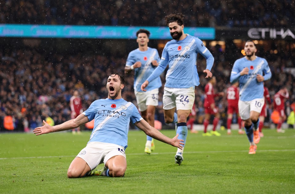 Manchester City celebrate against Liverpool.
