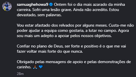 Samu: "Ontem foi o dia mais azardo da minha carreira. Sofri uma lesão grave. (...)"