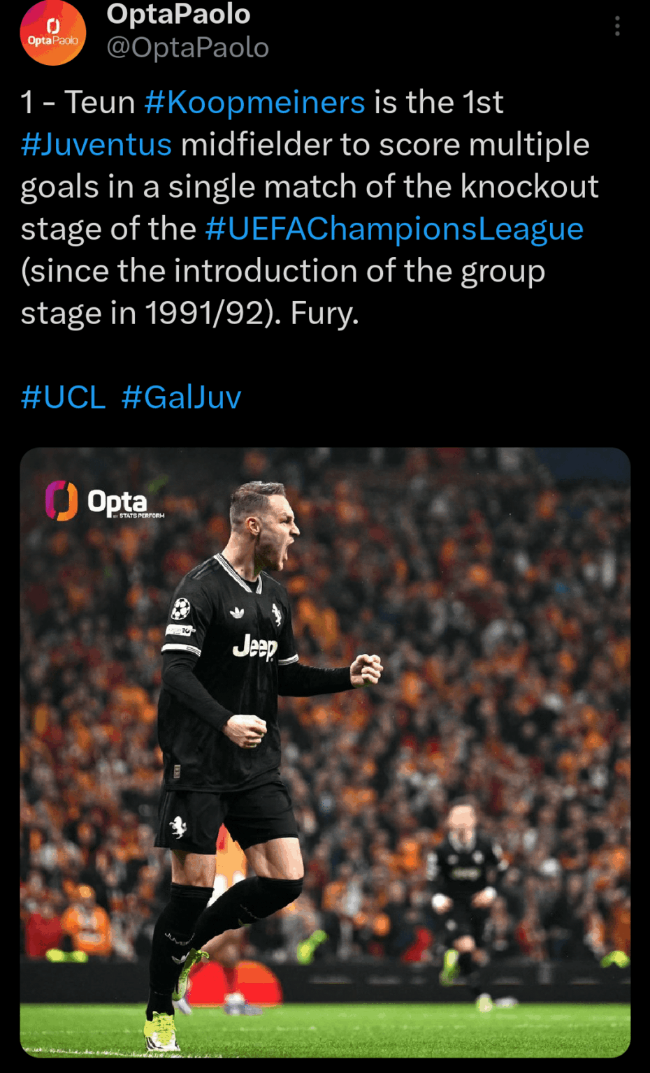 [OptaPaolo] 1 - Teun Koopmeiners is the 1st Juventus midfielder to score multiple goals in a single match of the knockout stage of the #UEFAChampionsLeague (since the introduction of the group stage in 1991/92). Fury.