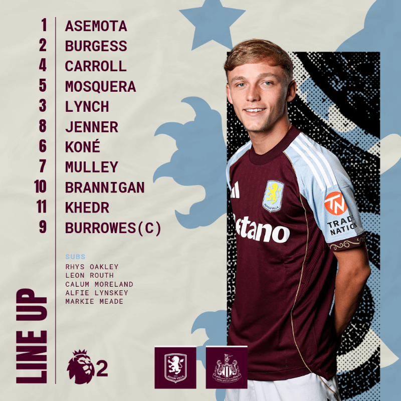 Villa U21s lineup vs. Newcastle U21 in the PL2 - kicking off 7PM on VillaTV