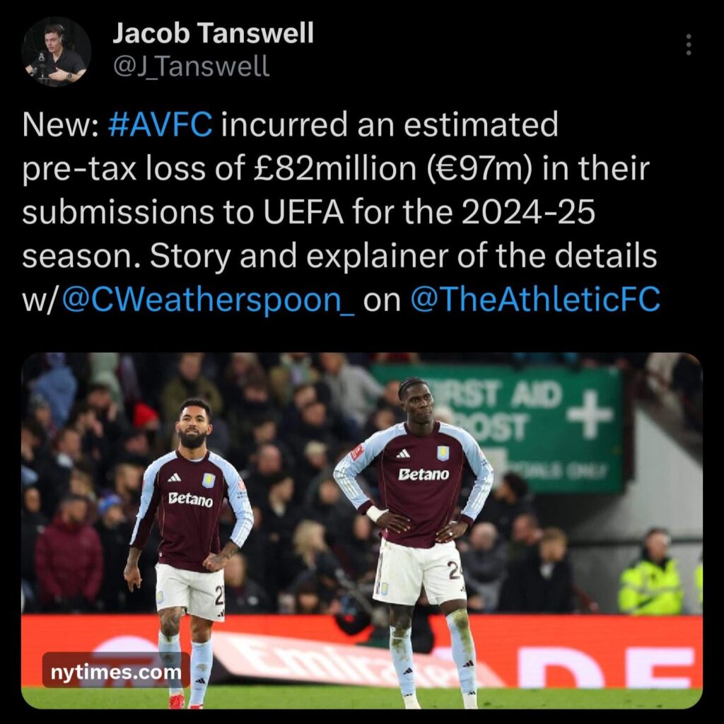 Villa report £82m loss for 24/25.