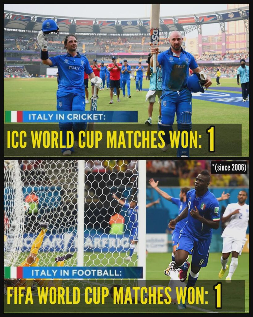 since 2007 cricket italy has won the same amount of world cup matches as italy football