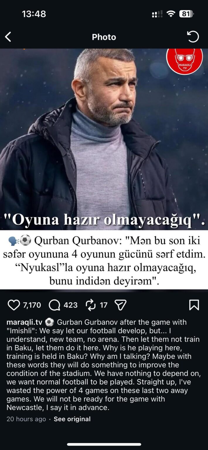 Gurban Gurbanov complains about local pitches and says that the team will not be physically ready to play Newcastle