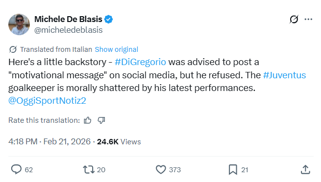 [Michele De Blasis] Di Gregorio was advised to post a "motivational message" on social media, but he refused. The Juventus goalkeeper is morally shattered by his latest performances.