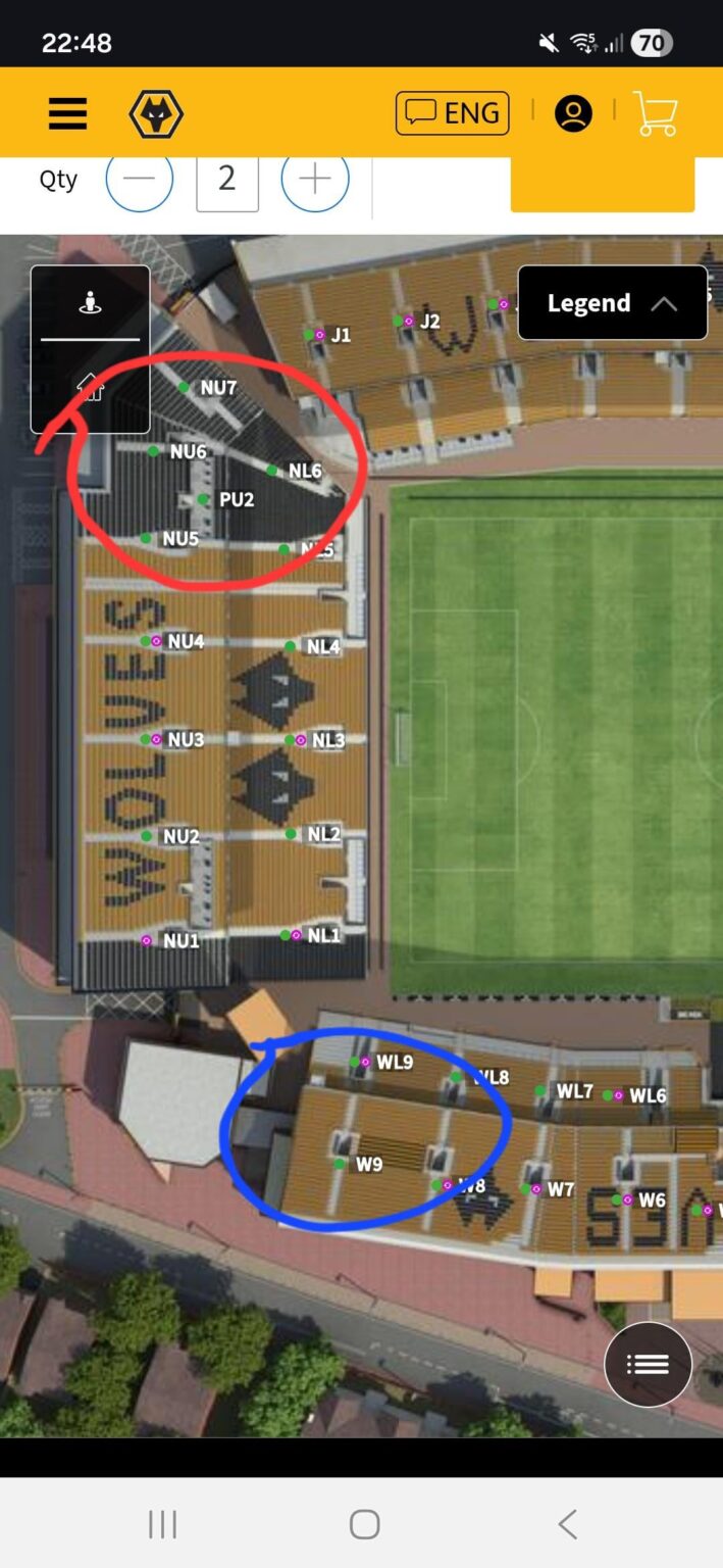 Which areas out of the blue orred area would people think are best to sit in for the match against arsenal?