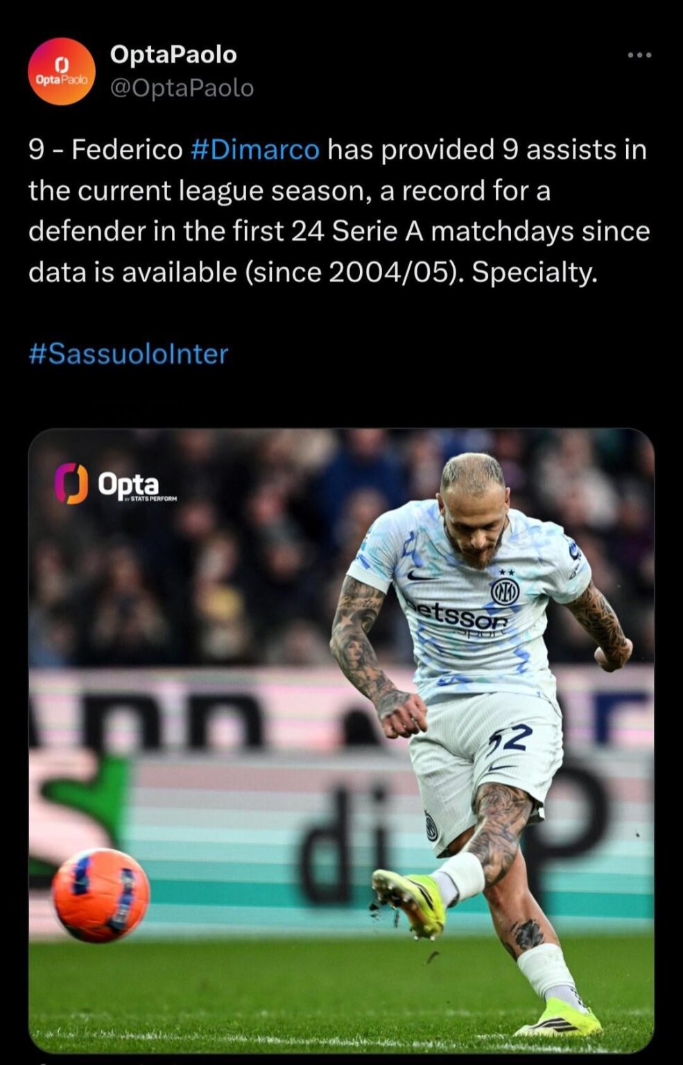 Federico Dimarco has provided 9 assists in the current league season, a record for a defender in the first 24 Serie A matchdays since data is available (since 2004/05)
