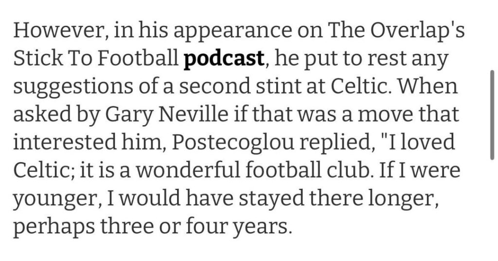 [Stick to Football] Ange Postecoglou confirms he won’t return to Celtic.