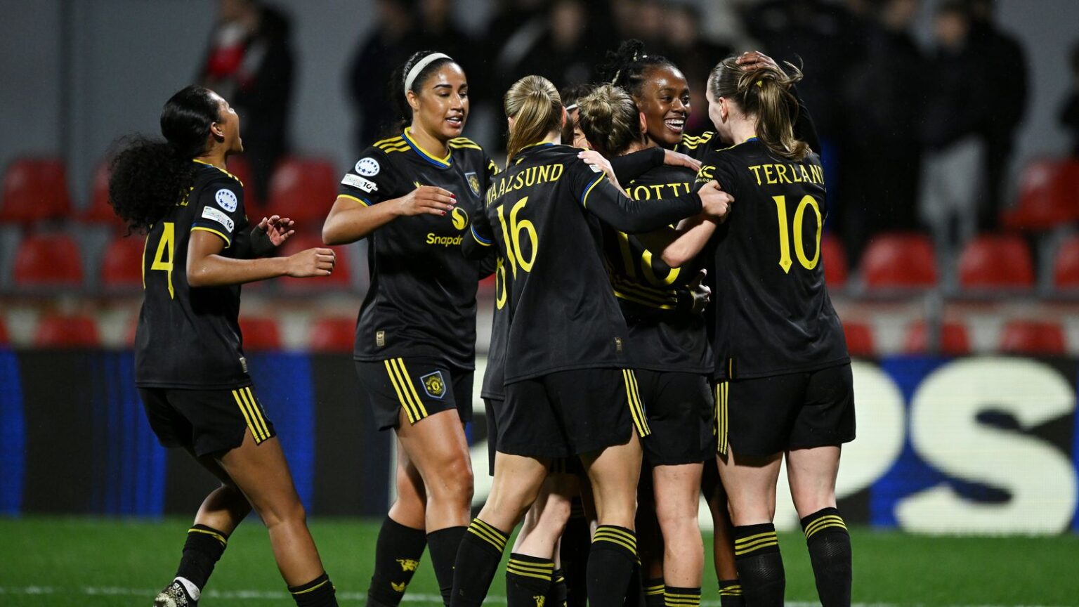 Atletico Madrid Women 0-3 Man Utd Women: United put one foot into Champions League quarter-finals with first-leg victory | Football News Julia Zigiotti Olme of Manchester United celebrates scoring her team's third goal with teammates